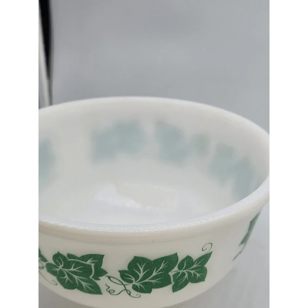 Vintage Hazel Atlas Milk Glass Ivy Leaf Mixing Bowl Green White 8 Inch MCM